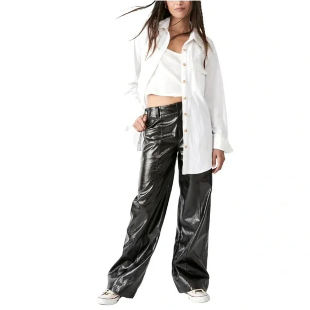 Free People Star Crossed Lovers Patent Leather Straight Leg Pants Size 12